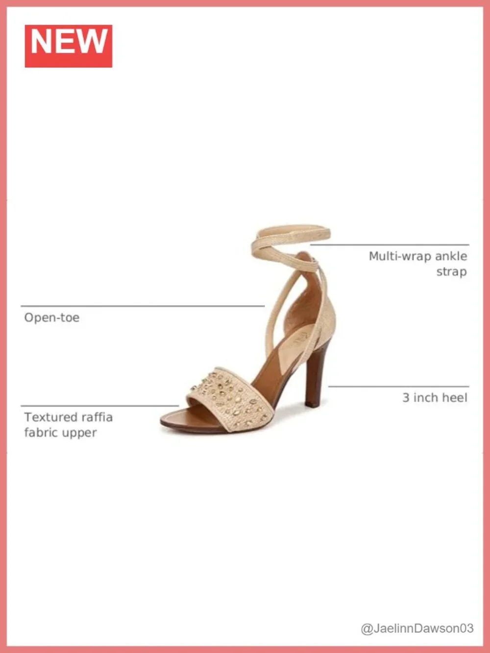 Franco Sarto Women's Heeled Sandals Raffia Studded Ankle Strap Open Toe